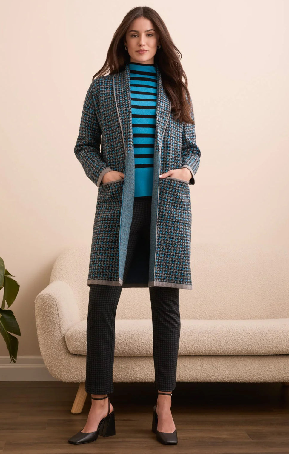 DOUBLE KNIT LONG PLAID COATIGAN