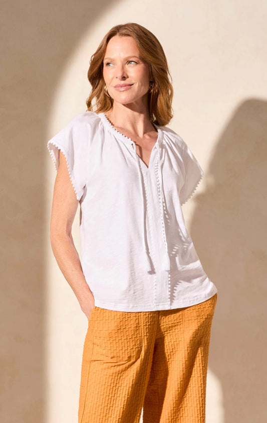 COTTON SLUB KNIT SHORT-SLEEVE NOTCH NECK TOP