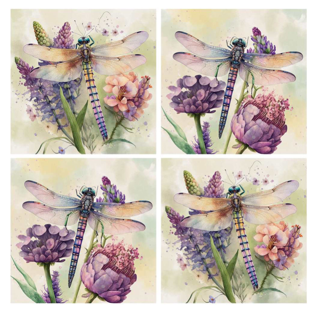 Coasters 4" Sq Watrcol Dfly Set