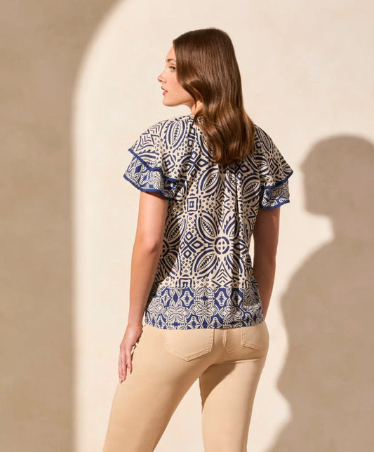 FLUTTER-SLEEVE CREW NECK BLOUSE