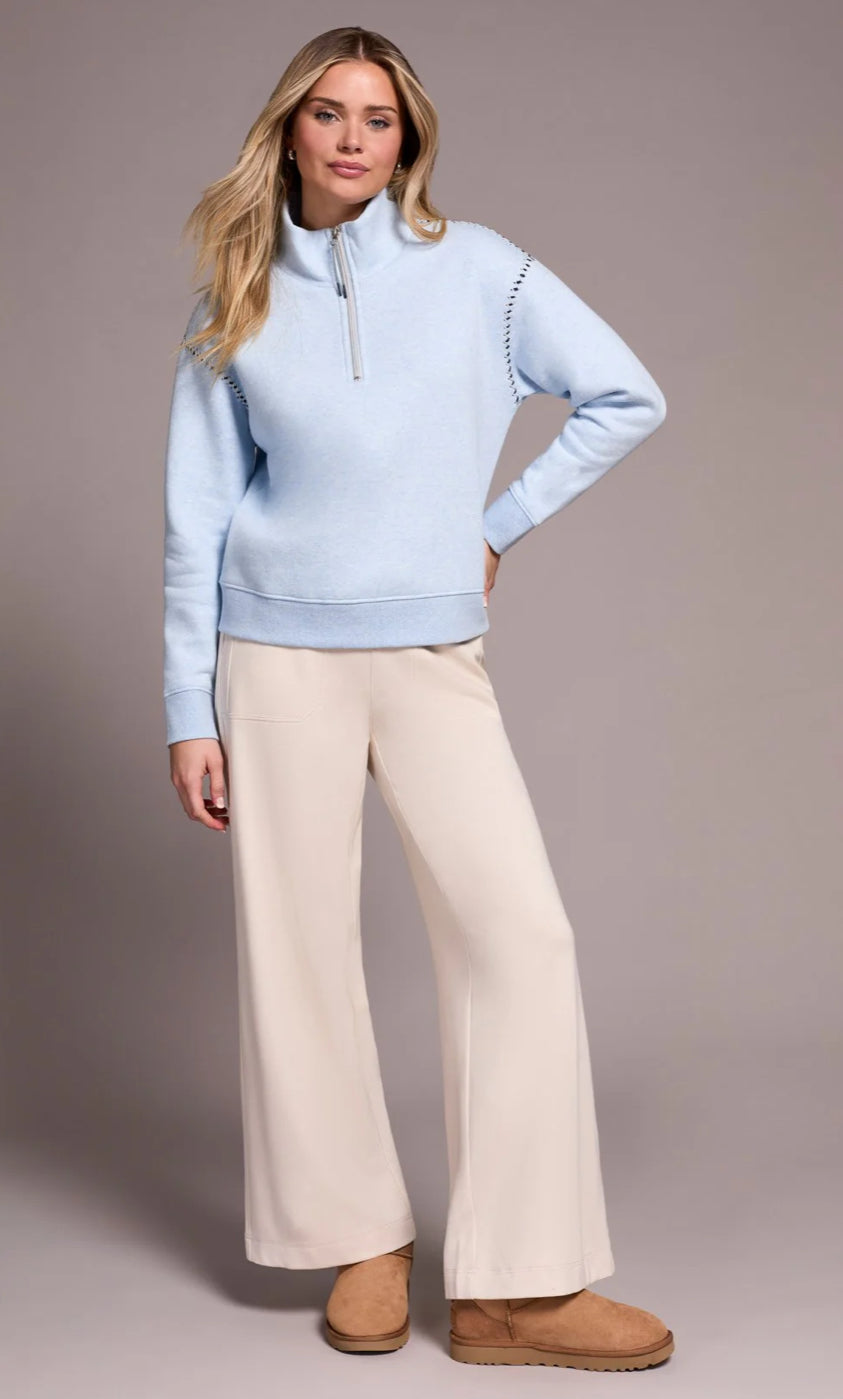 FRENCH TERRY STITCH-ACCENT ZIP FUNNEL NECK SWEATER