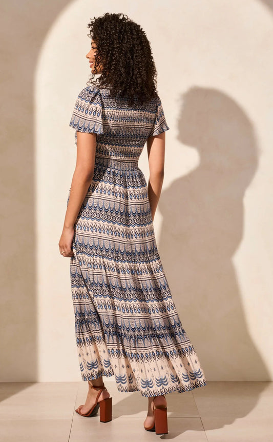 RUCHED-TOP SHORT SLEEVE MAXI DRESS