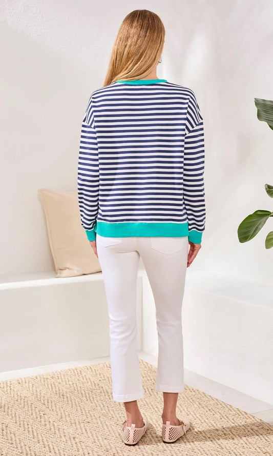 COTTON CREWNECK DROP‑SHOULDER LONG SLEEVE TOP WITH COMBO TRIM