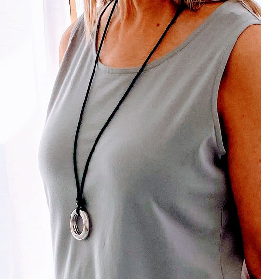 Necklace Long O on Black Wax Cotton Chain