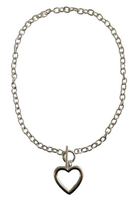 Short Shiny Silver Necklace with Hanging Heart & Toggle Closure