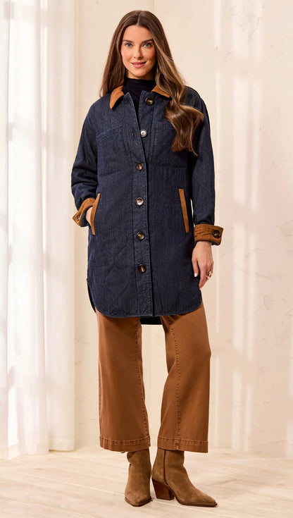 JACKET QUILTED DENIM SUEDE TRIM BUTTON-FRONT