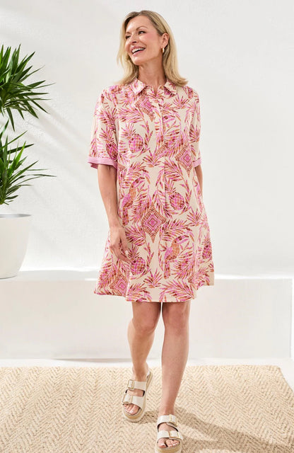 LINEN RAYON SHORT SLEEVE COLLARED SHIFT DRESS