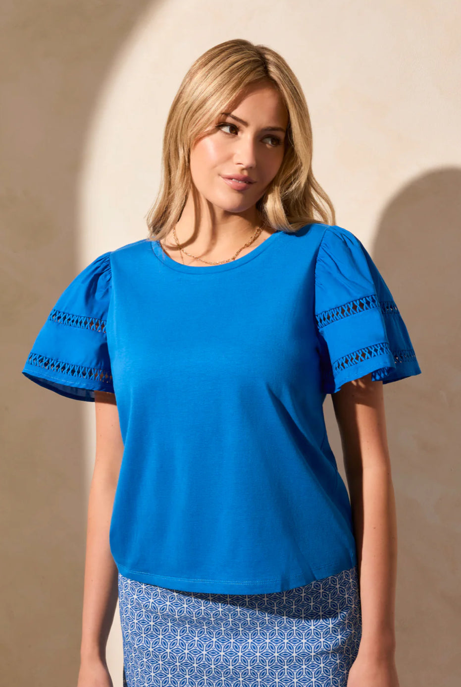 COTTON JERSEY FLUTTER SLEEVE CREW NECK TOP