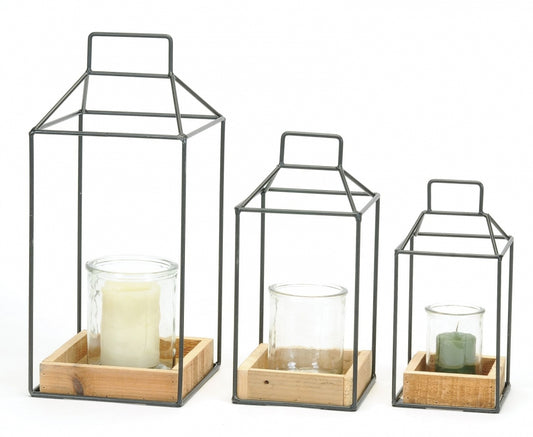 RUSTIC WOOD METAL LANTERN WITH GLASS S/3