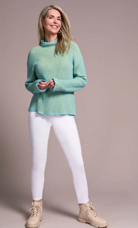 COMBED COTTON TWO-TONE RIB FUNNEL NECK SWEATER