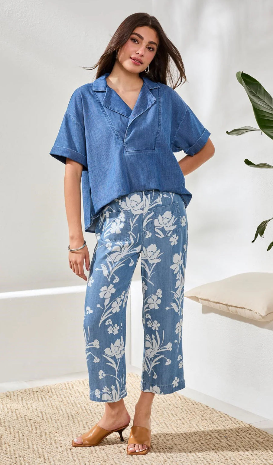 PANTS DRAPE DENIM PRINTED WIDE LEG BUTTON AT WAIST