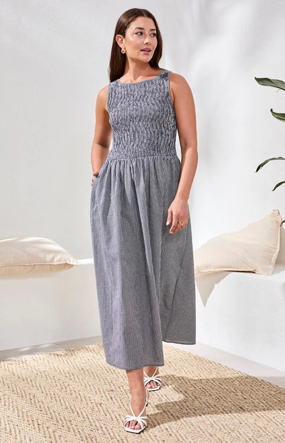 GINGHAM SMOCKED-BODICE MAXI DRESS
