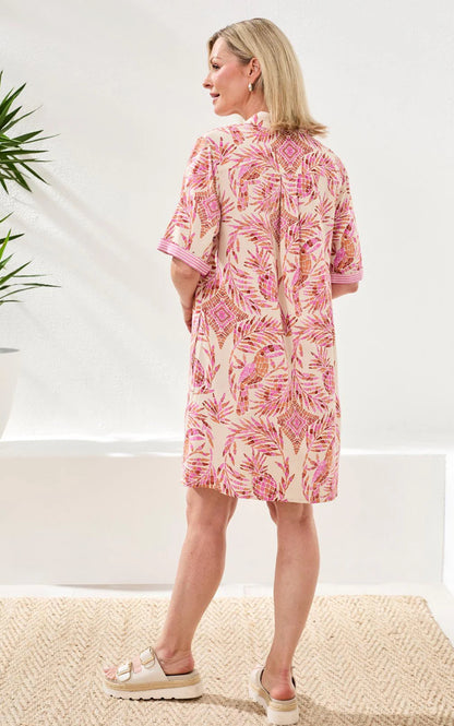 LINEN RAYON SHORT SLEEVE COLLARED SHIFT DRESS