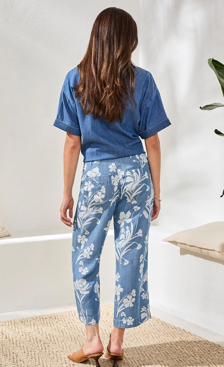 PANTS DRAPE DENIM PRINTED WIDE LEG BUTTON AT WAIST