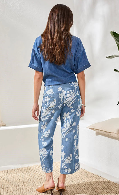 PANTS DRAPE DENIM PRINTED WIDE LEG BUTTON AT WAIST