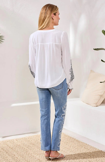 BLOUSE VISCOSE NOTCH NECK EMBROIDERED PUFF SLEEVE