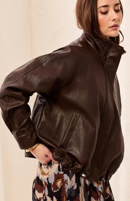 JACKET FAUX LEATHER MOCK NECK ADJUSTABLE BUBBLE HEM