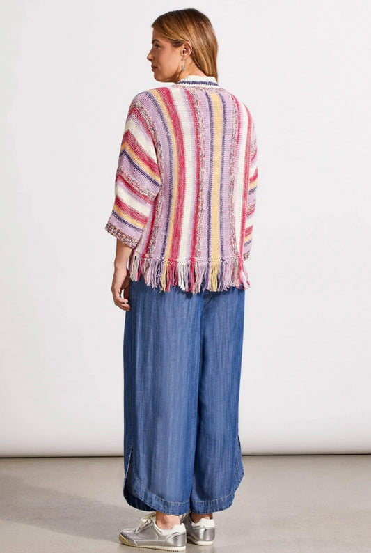 FRINGED HEM CARDIGAN WITH THREE-QUARTER SLEEVES