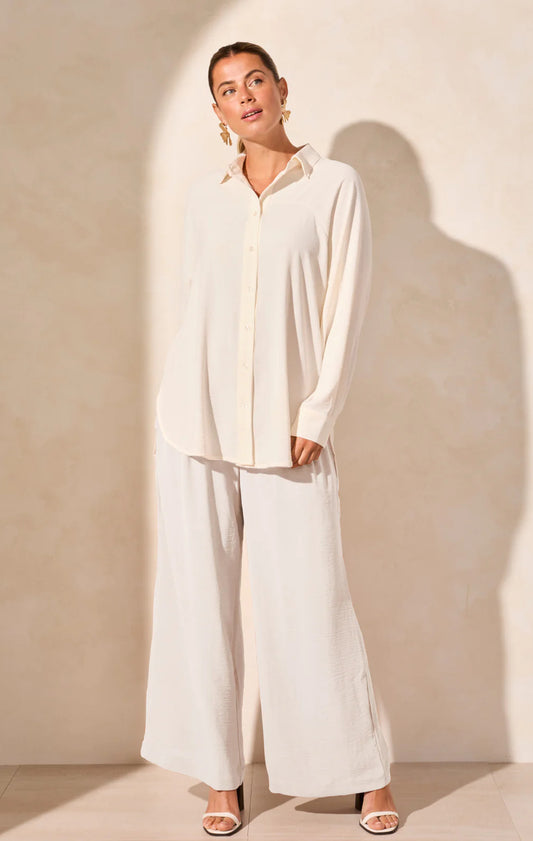STRETCH WOVEN FLOWY RAGLAN SLEEVE SHIRT