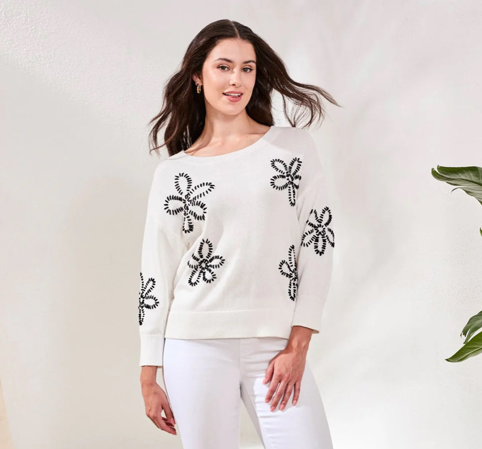 SWEATER EMBROIDERED 3/4 SLEEVE CREW NECK