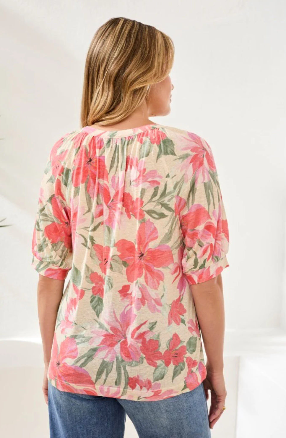 PRINTED LINEN ELBOW SLEEVE HENLEY