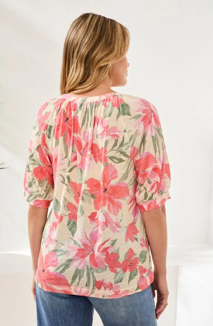 PRINTED LINEN ELBOW SLEEVE HENLEY