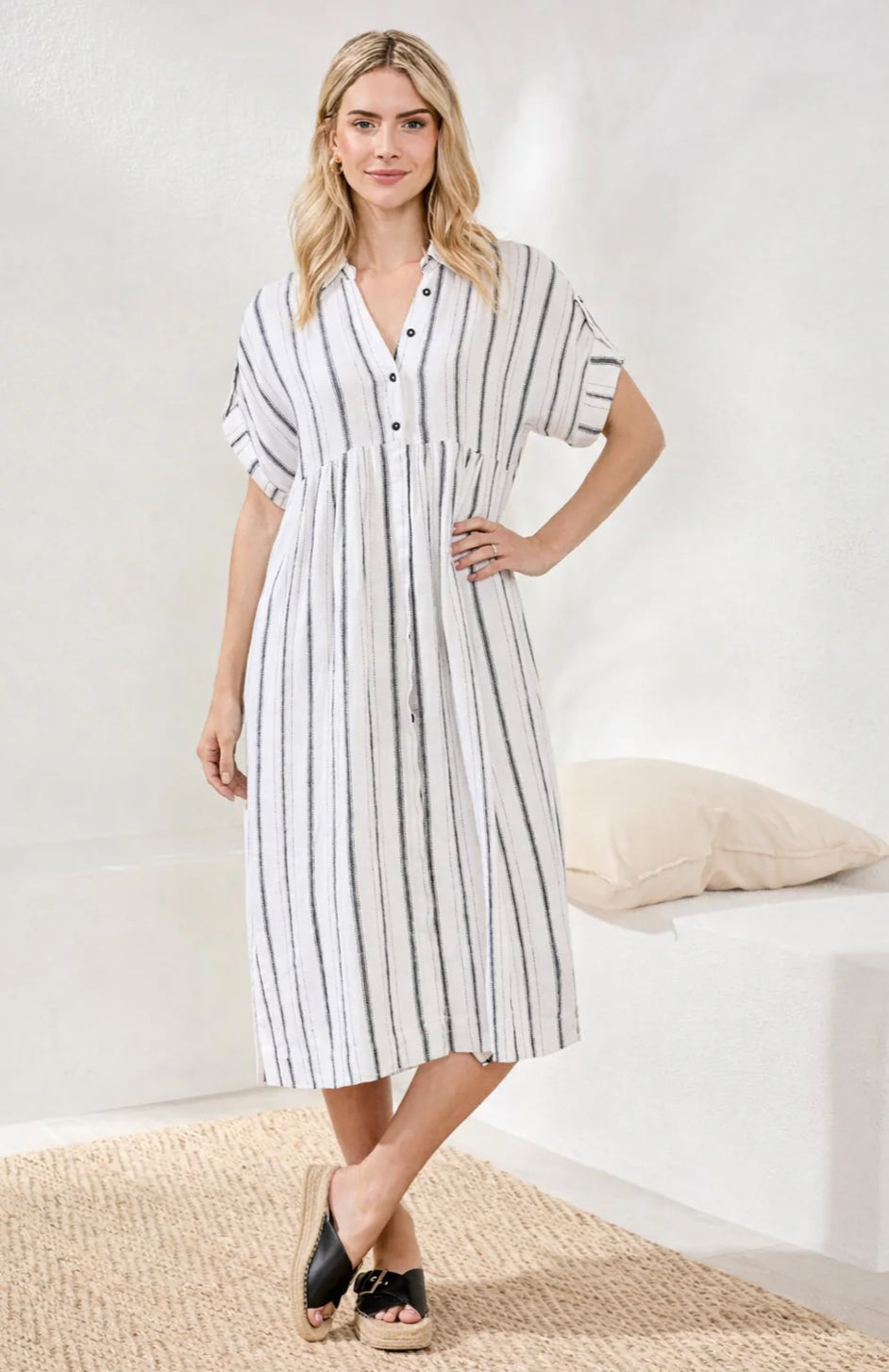 DRESS SOFT LINEN BUTTON‑FRONT MIDI