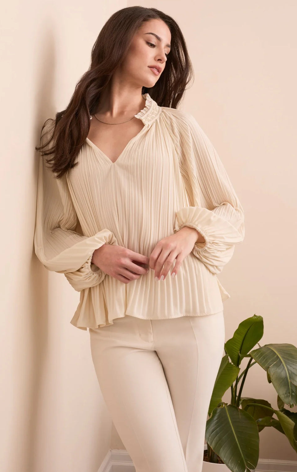 PLEATED RUFFLE NOTCH COLLAR NOVELTY BLOUSE