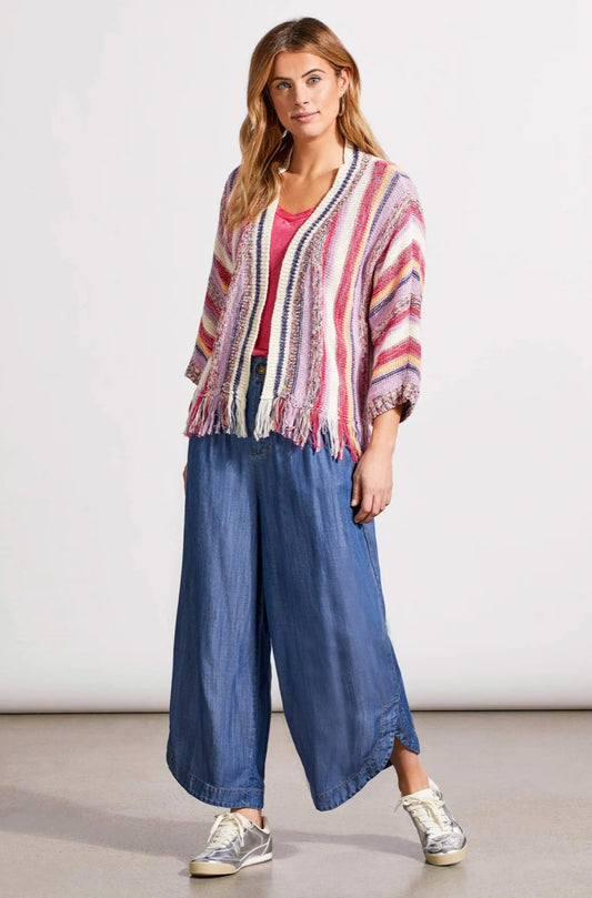 FRINGED HEM CARDIGAN WITH THREE-QUARTER SLEEVES