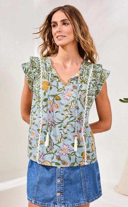 POPLIN NOVELTY BLOUSE WITH FRILL CAP SLEEVES