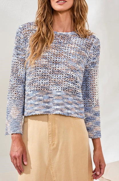 SWEATER OPEN-STITCH CREWNECK BELL-SLEEVE