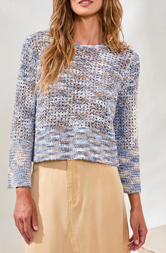 SWEATER OPEN-STITCH CREWNECK BELL-SLEEVE
