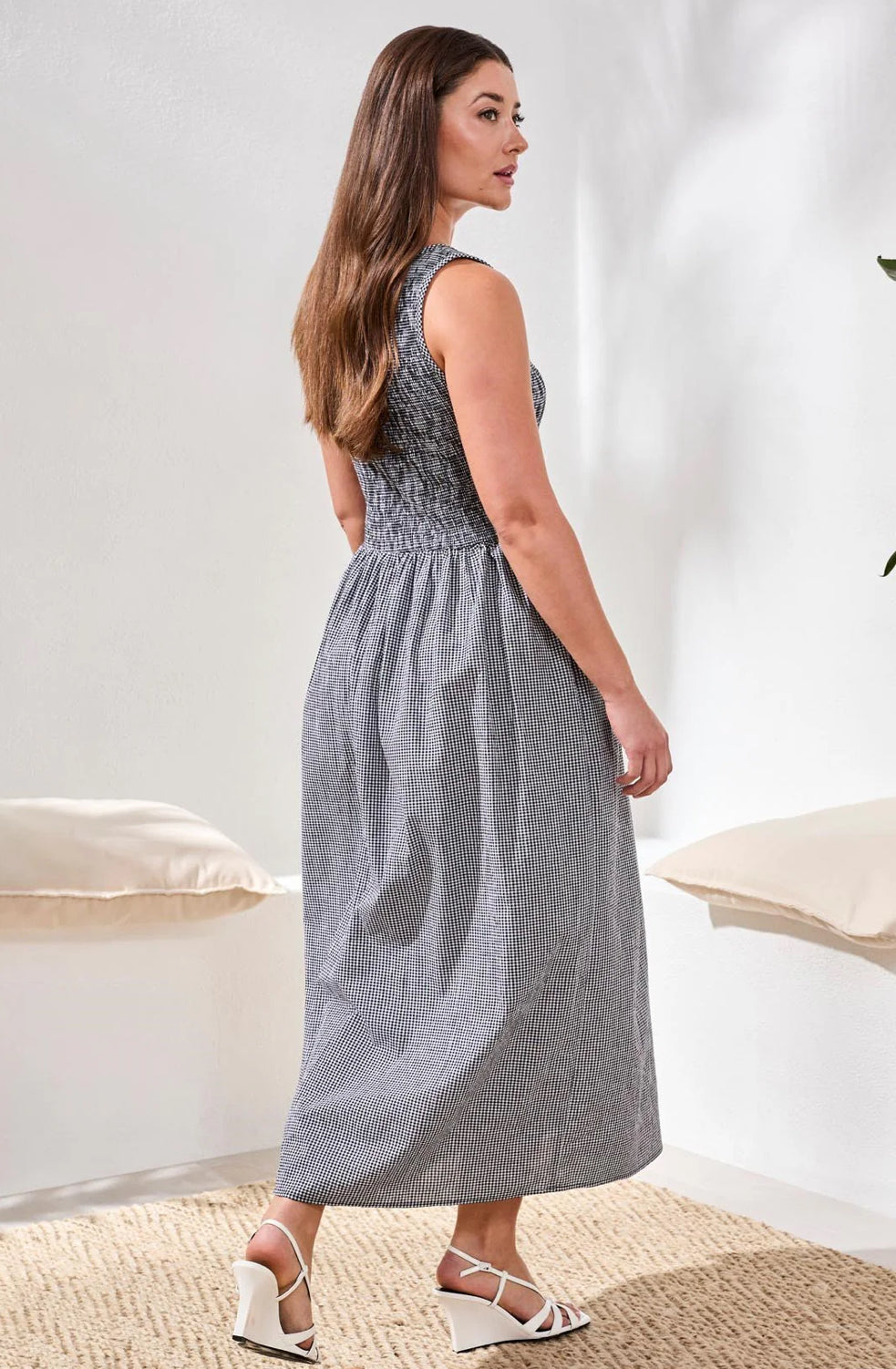 GINGHAM SMOCKED-BODICE MAXI DRESS