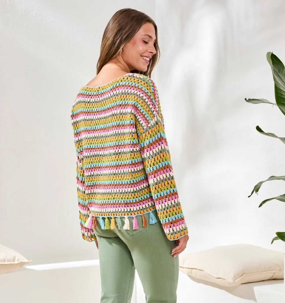 SWEATER WITH TASSELS MULTICOLOR CROCHET BELL SLEEVE