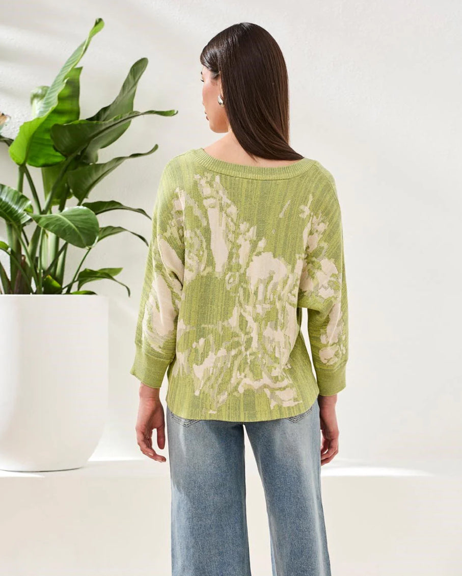 SWEATER BOAT NECK TEXTURED JACQUARD 3/4 SLEEVE