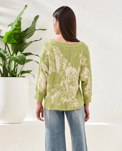 SWEATER BOAT NECK TEXTURED JACQUARD 3/4 SLEEVE