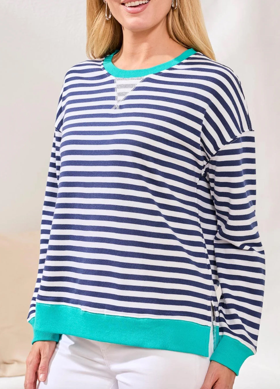 COTTON CREWNECK DROP‑SHOULDER LONG SLEEVE TOP WITH COMBO TRIM