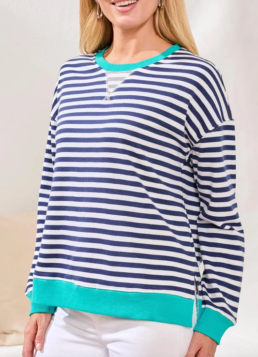 COTTON CREWNECK DROP‑SHOULDER LONG SLEEVE TOP WITH COMBO TRIM