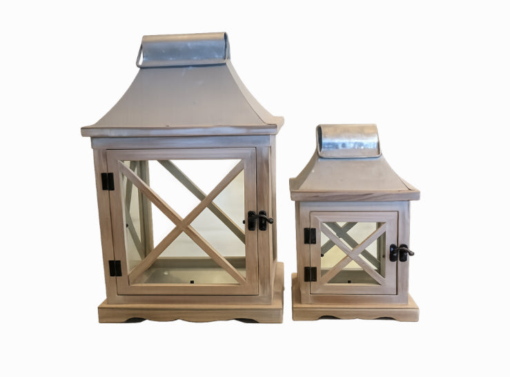 Rustic wooden lanterns with galvanized roofs
