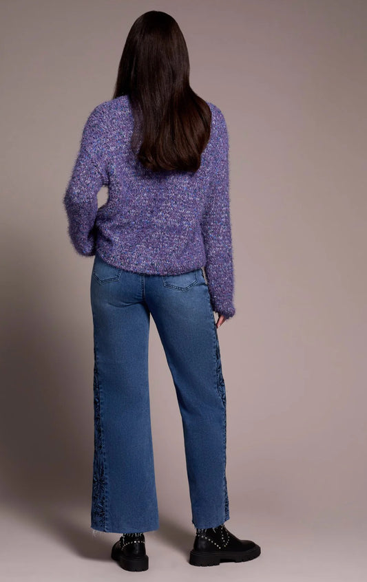 FUZZY EYELASH DROP SHOUDLER PUFF SLEEVE SWEATER