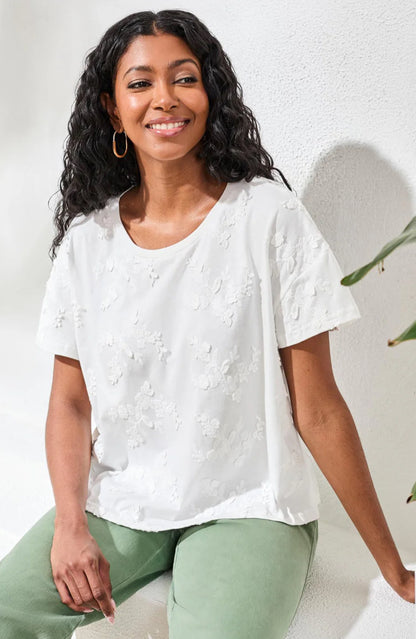 TOP EMBROIDERED KNIT SHORT SLEEVE CREW