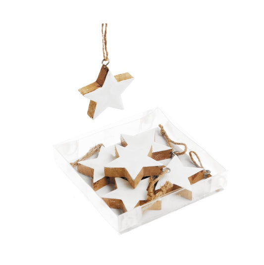 ORNAMENT BOX S/6 STARS WOOD WHITE 4X4