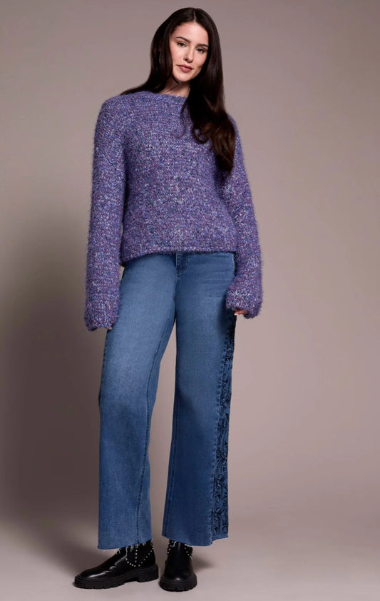 FUZZY EYELASH DROP SHOUDLER PUFF SLEEVE SWEATER