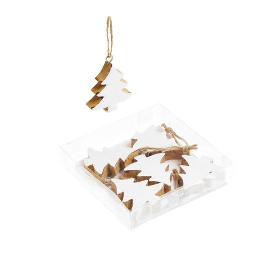 ORNAMENT BOX S/6 TREES WOOD WHITE 4X4