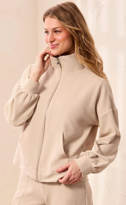 CARDIGAN WAFFLE KNIT DROP SHOULDER PUFF SLEEVE ZIP-UP