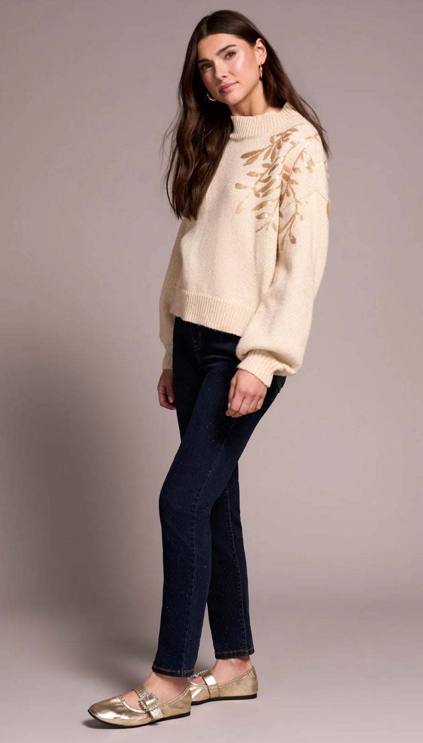 SEQUIN FLORAL APPLIQUE MOCK NECK SWEATER