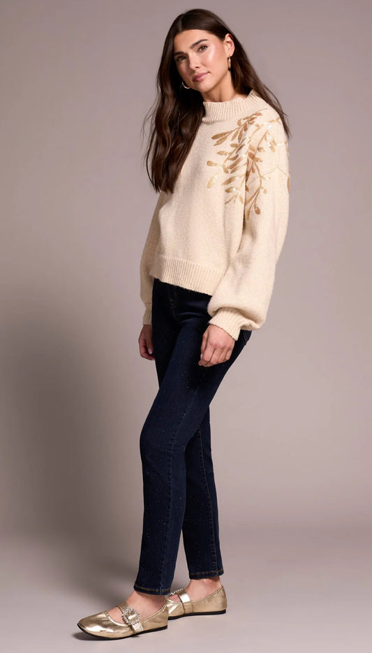 SEQUIN FLORAL APPLIQUE MOCK NECK SWEATER