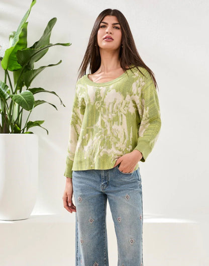 SWEATER BOAT NECK TEXTURED JACQUARD 3/4 SLEEVE