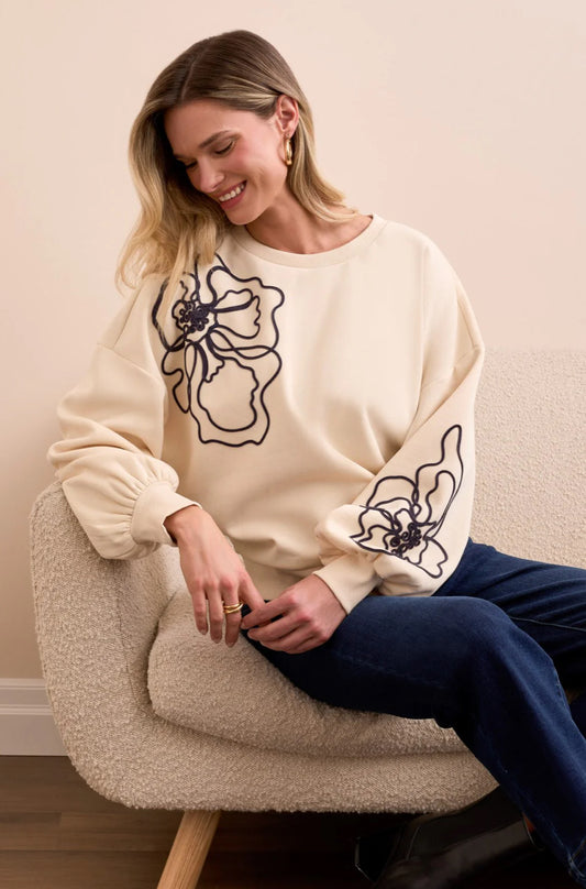 FRENCH TERRY EMBROIDERED DROP SHOULDER CREW NECK TOP