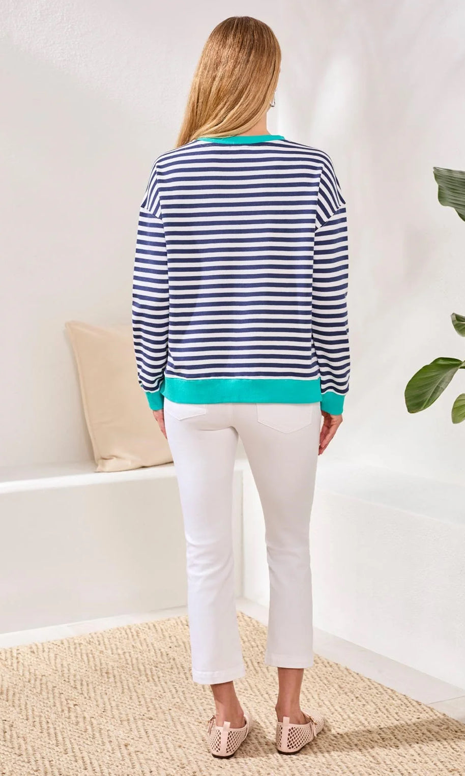 COTTON CREWNECK DROP‑SHOULDER LONG SLEEVE TOP WITH COMBO TRIM
